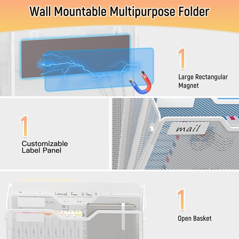 Docnest 3 Tier 3 Pack Magnetic Wall Mounted File Holders,Mesh Letter Organizer, Magnetic Hanging Mail Paper Document Organizer for Office, Home, School, White - Image 4